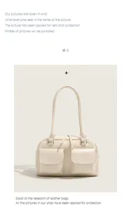 Vue détaillée du sac porté épaule crème en similicuir avec double poignée et poches avant.
