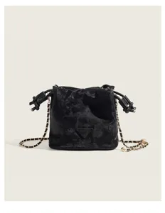 Elegant black velvet bucket bag with gold chain strap chic puff crossbody shoulder bag