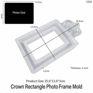 Detailed dimension diagram of European crown rectangular silicone photo frame mold for DIY crafts.