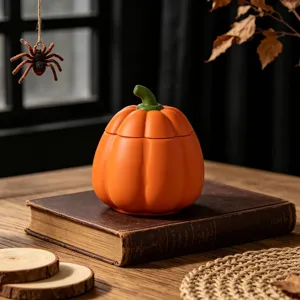 Halloween oranje pompoen opbergpot detailweergave, feestelijke keramische tafeldecoratie.