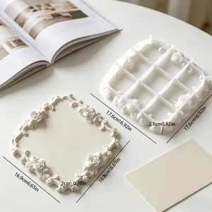 Detailed view of the vintage rose lace silicone tray mold, showing precise dimensions for DIY use.