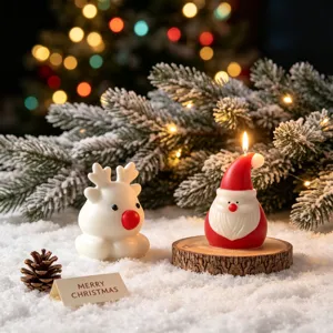 Christmas Santa and reindeer scented candles detail scene, festive winter holiday decor.