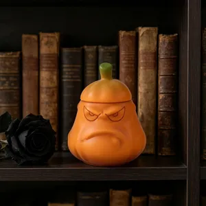 Halloween angry pumpkin jar candle holder lidded container gothic home decor tabletop prop