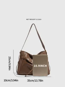 Brown vintage large capacity shoulder tote bag, soft leather commute casual handbag for women.
