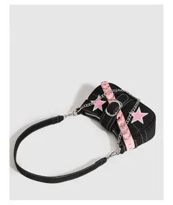 Y2K black canvas shoulder bag with pink stars and metal chains, stylish baguette purse.