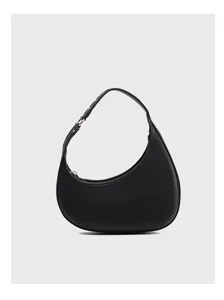 Detailed shot of black leather crescent hobo shoulder bag, minimalist style accessory.