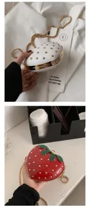 Cute strawberry shape crossbody chain bag detail view, stylish metal stud mini shoulder purse.