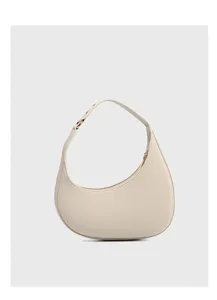 Chic beige crescent underarm bag, minimalist faux leather hobo handbag for daily wear.