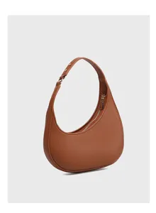 Brown textured leather crescent hobo bag detail shot, showcasing fine stitching and hardware.