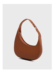 Brown crescent hobo shoulder bag, sleek minimalist design, PU leather everyday purse.
