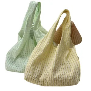 Cute aesthetic pleated grid tote bag soft fabric shoulder bag casual daily shopping handbag