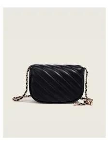 Black quilted crossbody bag for women with gold chain strap and small metal ball detail.
