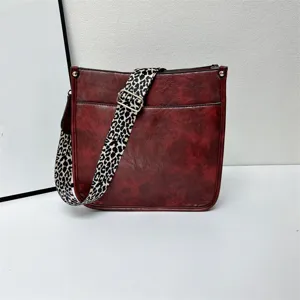Dark red crossbody bag with leopard print wide strap, stylish women shoulder tote bag