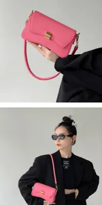 Stylish pink shoulder bag for women, minimalist solid color baguette bag with gold hardware.