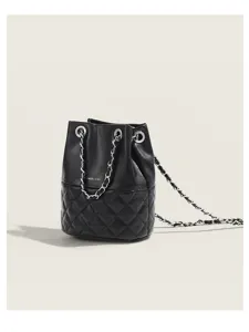 Classic quilted leather bucket bag with metal chain strap for women, elegant daily commuting shoulder bag.