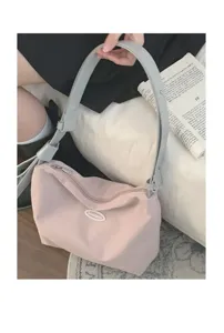 Casual canvas shoulder bag for women, trendy contrast color underarm tote bag with large capacity.