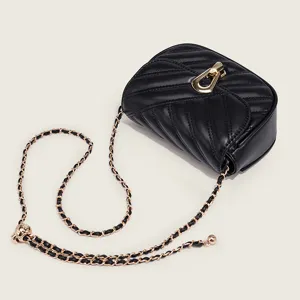 Black quilted chain crossbody bag for women, chic design with gold hardware and ball adjuster.
