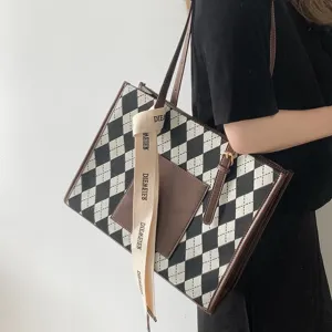 Women's PU Leather Large Capacity Tote Bag Diamond Lattice Commuting Handbag