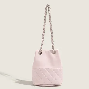 Women Casual PU Leather Quilted Chain Bucket Bag Fashion Commuter Elegant Solid Color Crossbody Shoulder Handbag