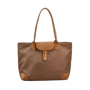 Brown nylon tote bag for women, large capacity commuter shoulder bag, stylish casual purse.
