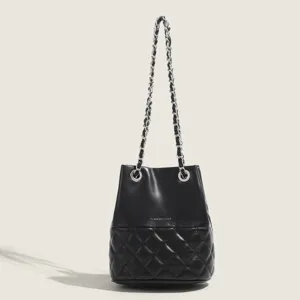 Black quilted chain bucket bag for women, elegant leather shoulder and crossbody bag.