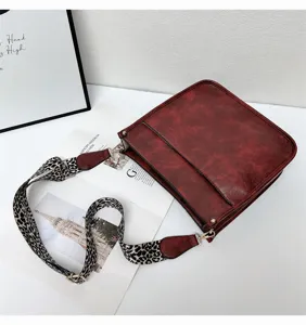 Dark red shoulder bag with leopard wide strap, vintage PU leather crossbody tote for women.