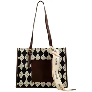 Stylish argyle commuter tote bag for women, large capacity shoulder handbag with ribbon.