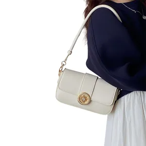 Elegant white shoulder bag for women, stylish baguette handbag with gold metal clasp