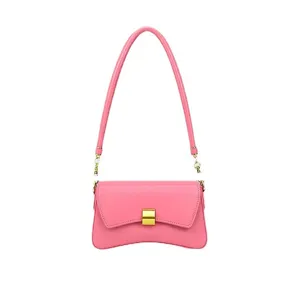 Pink leather shoulder bag urban style baguette purse women casual handbag elegant design