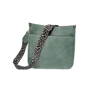 Green crossbody messenger bag with trendy leopard print wide strap casual shoulder tote for women