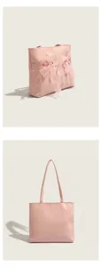 Vue détaillée du sac cabas en cuir PU rose avec nœud en tulle, grand sac porté épaule élégant.