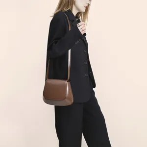 Classic brown PU leather women shoulder crossbody bag minimalist retro chic saddle bag
