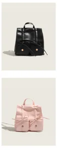 Dettaglio dello zaino da donna elegante con fibbie a fiocco chic e tasche frontali.