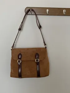 Retro brown suede messenger bag detail, vintage shoulder crossbody bag with dual buckle straps.