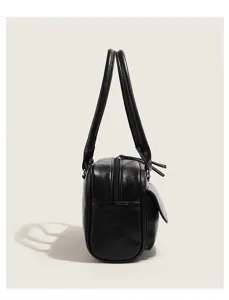 Sac bandoulière bowling en cuir PU noir détail latéral, sac rétro minimaliste urbain.