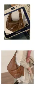 Details of the brown vintage hobo shoulder bag, showing PU leather texture and wearing style.