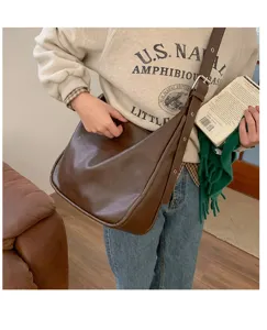 Retro large capacity slouchy shoulder bag for women, vintage brown PU leather casual tote.
