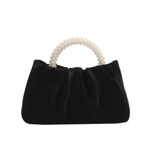 Borsa a mano nera arricciata a nuvola con manico di perle elegante, mini borsa a tracolla.
