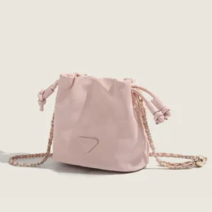 Pink bucket bag for women, stylish drawstring crossbody handbag with chain strap, casual cute purse.