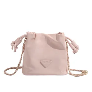 Pink cloud bucket bag with gold chain strap and stylish drawstring design for women daily use.