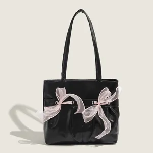 Sac cabas noir femme grande capacité beau nœud sac bandoulière décontracté en cuir PU sac