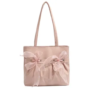 Sac cabas rose doux avec nœud pour femme, grand sac épaule style collège élégant.