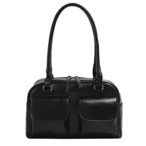 Sac de bowling en cuir noir pour femme, sac à épaule rétro minimaliste, sac Boston chic