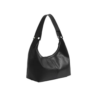 Black PU leather dumpling shoulder bag for women, stylish minimalist hobo handbag for daily use.
