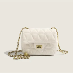 Women Fashion Quilted Crossbody Bag Luxury Designer Style PU Leather Shoulder Bag With Chain And Small Gold Ball