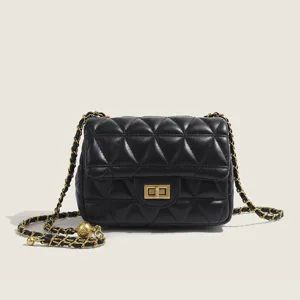 Women black quilted crossbody bag with gold chain strap and stylish ball clasp for daily use