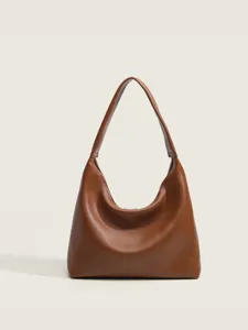 Sac à épaule rétro minimaliste en cuir souple marron, sac hobo fourre-tout pour femmes.