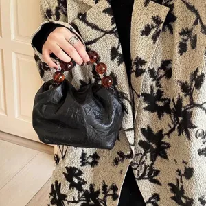 Vintage retro beaded handbag for women, chic gathered texture PU leather small purse.