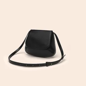 Classic black PU leather saddle bag, minimalist retro design with adjustable shoulder strap.