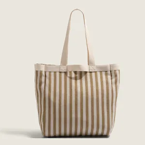 Women Canvas Tote Bag Large Capacity Casual Commuter Shoulder Bag Vintage Vertical Striped Handbag Daily Shopping Bag